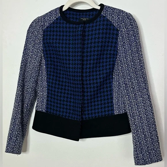 Ann Taylor Women's 2P Petite Blazer Blue Black Houndstooth Cotton Wool LS - Picture 3 of 13